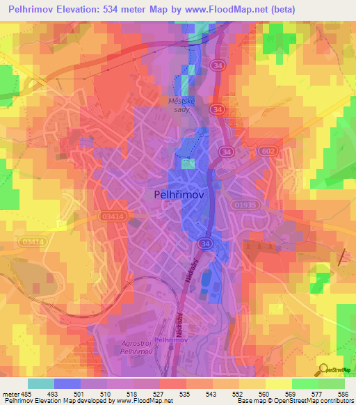 Pelhrimov,Czech Republic Elevation Map