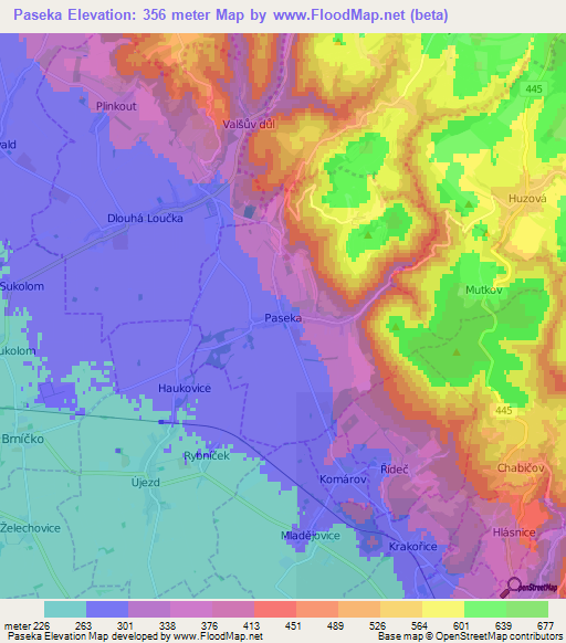Paseka,Czech Republic Elevation Map