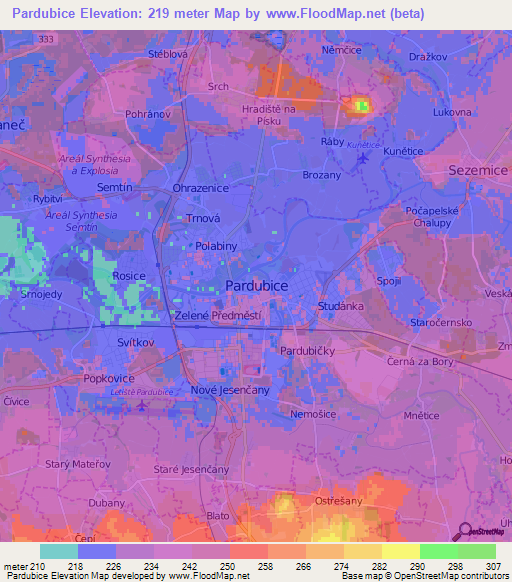 Pardubice,Czech Republic Elevation Map