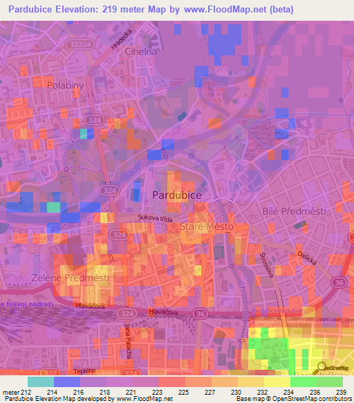 Pardubice,Czech Republic Elevation Map