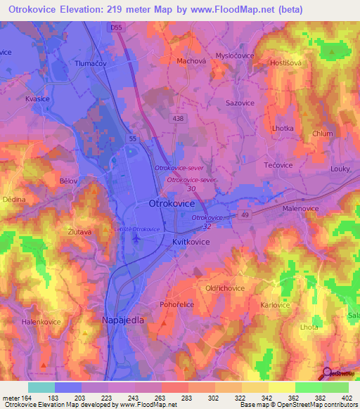 Otrokovice,Czech Republic Elevation Map
