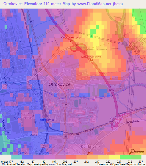 Otrokovice,Czech Republic Elevation Map