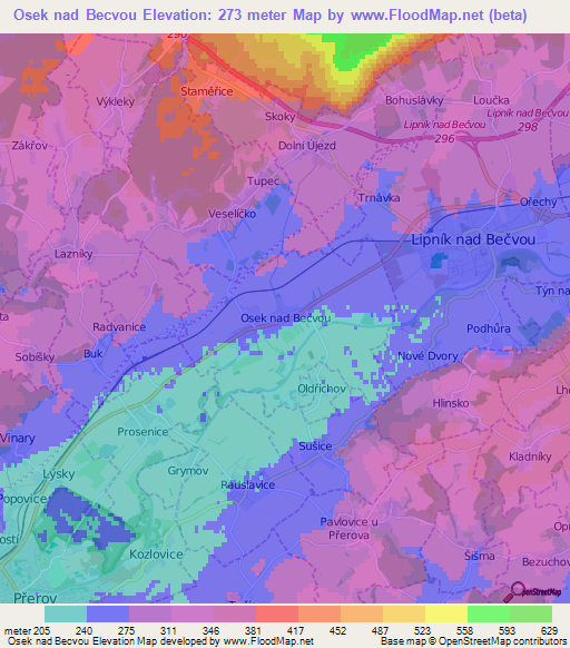 Osek nad Becvou,Czech Republic Elevation Map