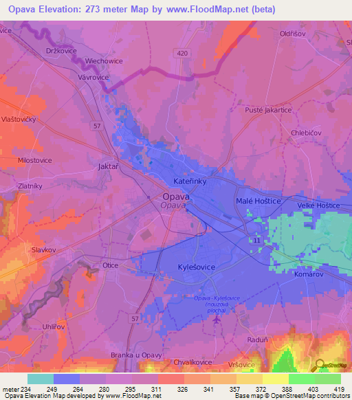 Opava,Czech Republic Elevation Map
