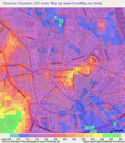Olomouc,Czech Republic Elevation Map