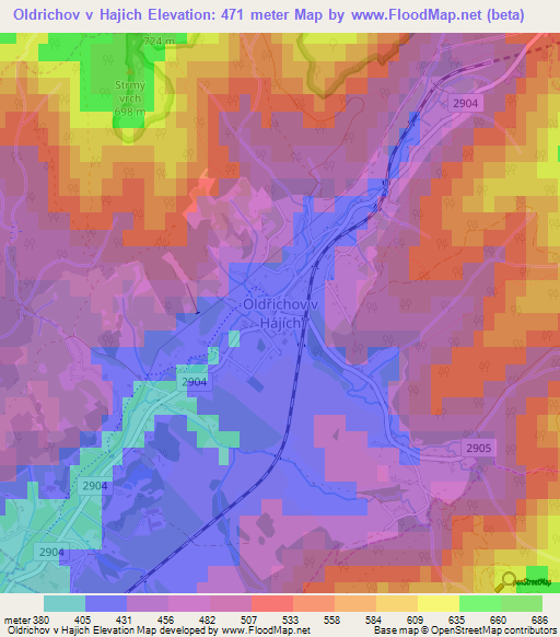 Oldrichov v Hajich,Czech Republic Elevation Map