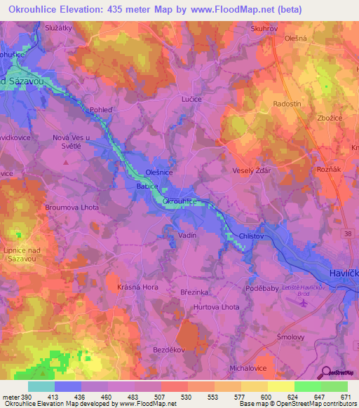 Okrouhlice,Czech Republic Elevation Map