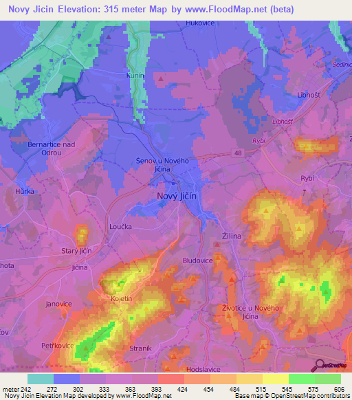 Novy Jicin,Czech Republic Elevation Map