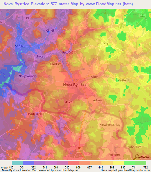 Nova Bystrice,Czech Republic Elevation Map