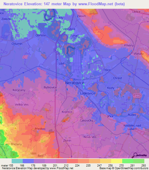 Neratovice,Czech Republic Elevation Map
