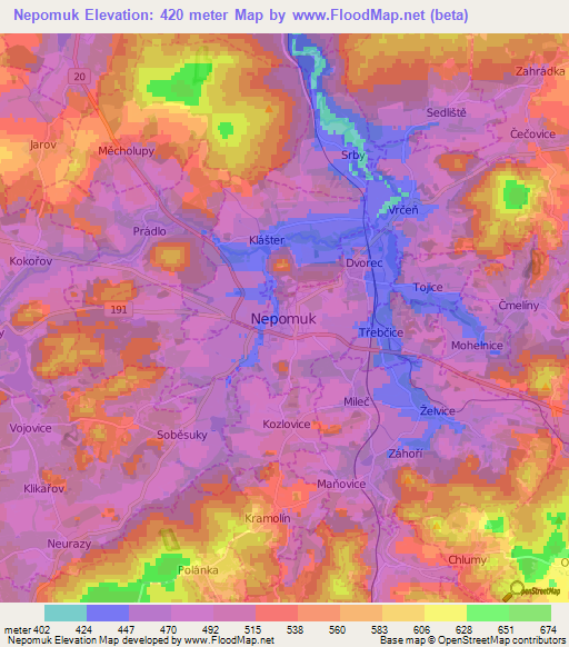 Nepomuk,Czech Republic Elevation Map