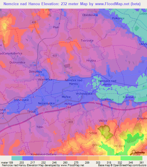 Nemcice nad Hanou,Czech Republic Elevation Map