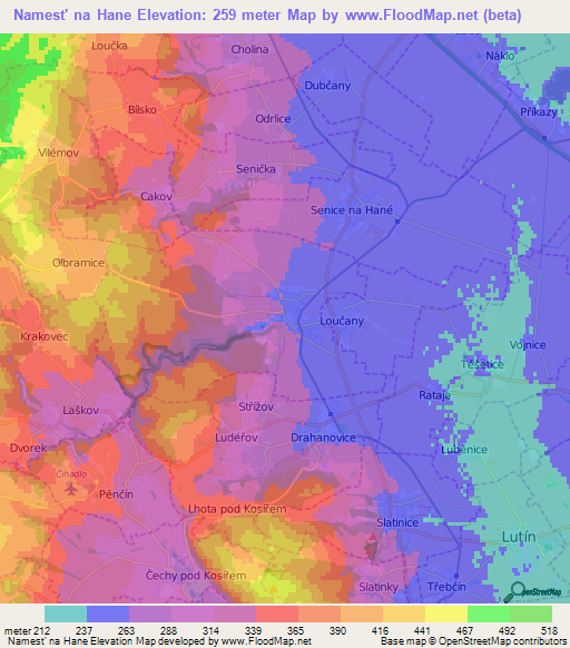 Namest' na Hane,Czech Republic Elevation Map