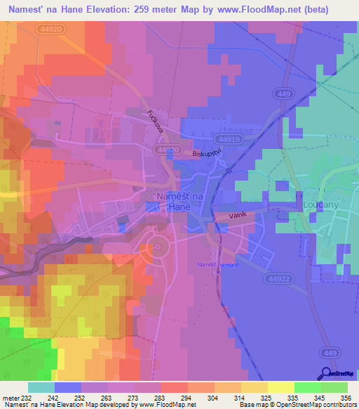 Namest' na Hane,Czech Republic Elevation Map