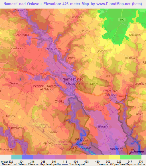 Namest' nad Oslavou,Czech Republic Elevation Map