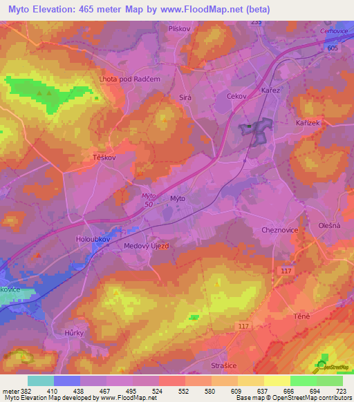 Myto,Czech Republic Elevation Map