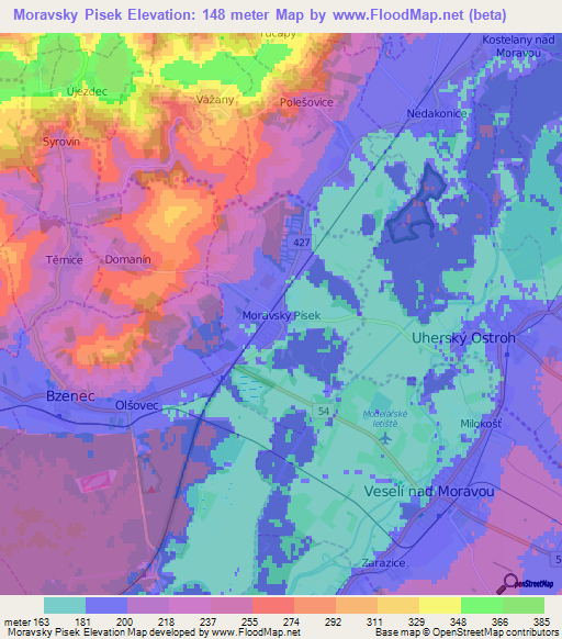 Moravsky Pisek,Czech Republic Elevation Map