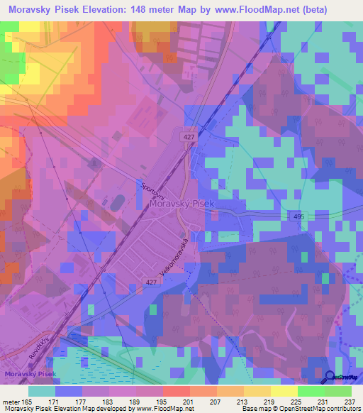 Moravsky Pisek,Czech Republic Elevation Map