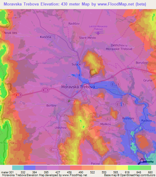 Moravska Trebova,Czech Republic Elevation Map