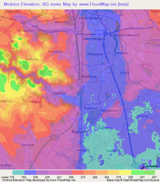 Modrice,Czech Republic Elevation Map