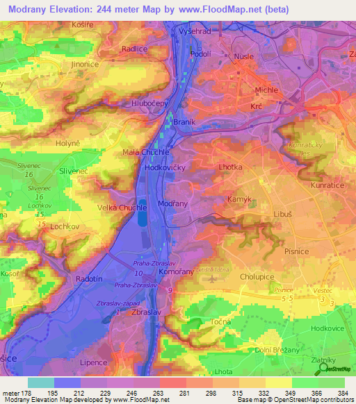 Modrany,Czech Republic Elevation Map