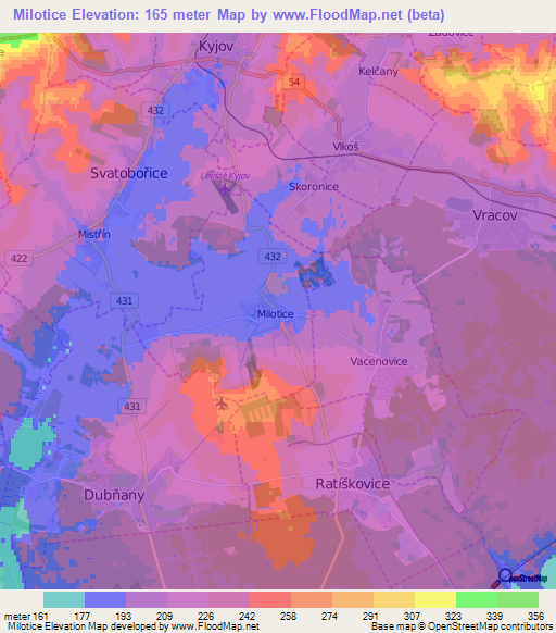 Milotice,Czech Republic Elevation Map