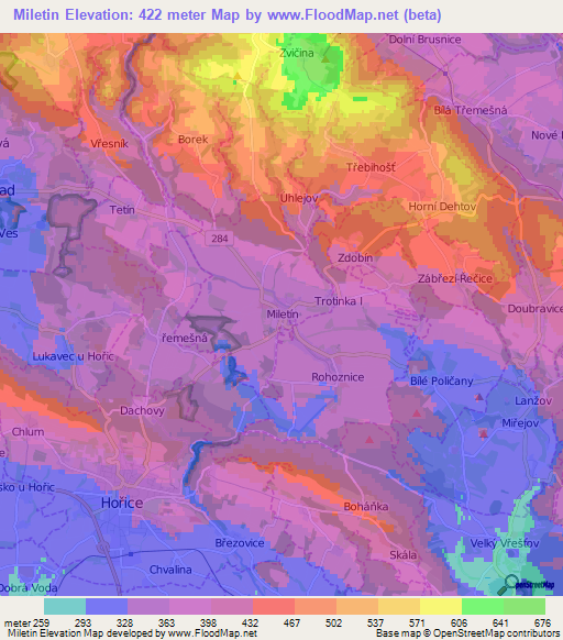 Miletin,Czech Republic Elevation Map