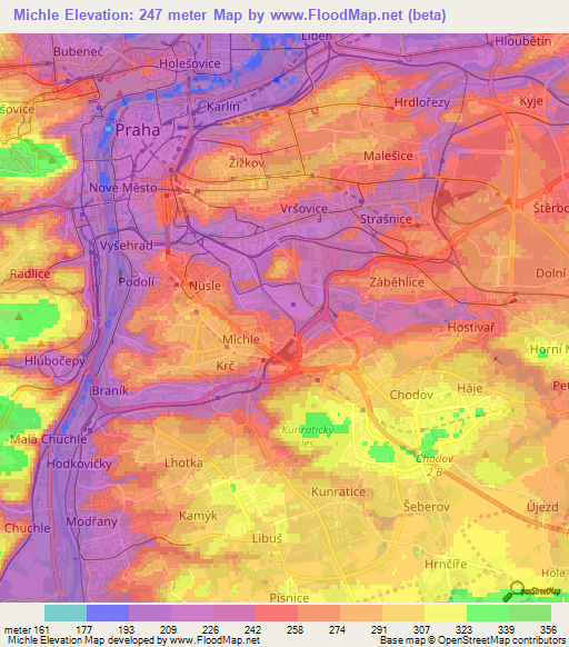 Michle,Czech Republic Elevation Map
