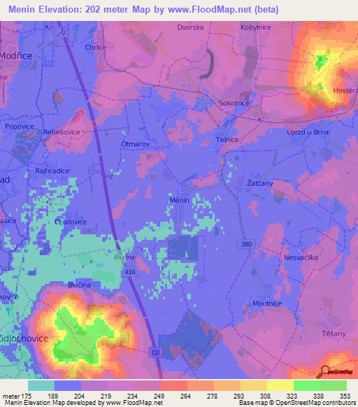 Menin,Czech Republic Elevation Map