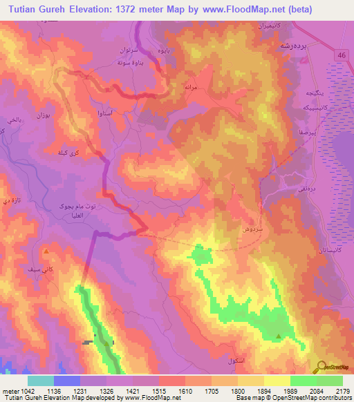Tutian Gureh,Iran Elevation Map