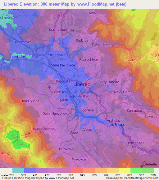 Liberec,Czech Republic Elevation Map