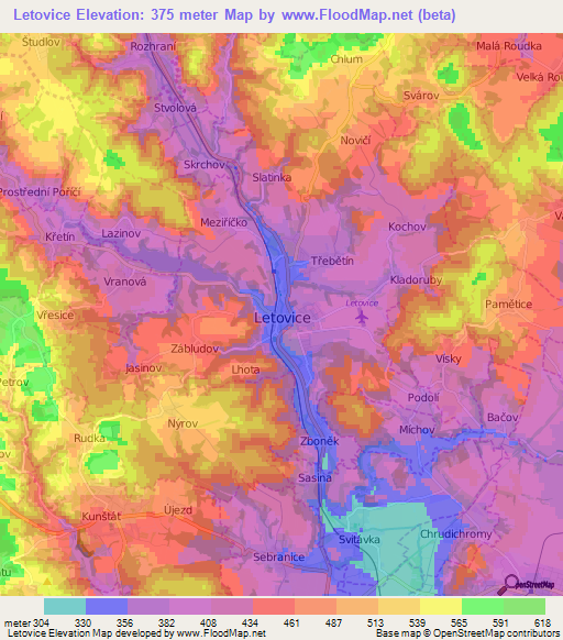 Letovice,Czech Republic Elevation Map