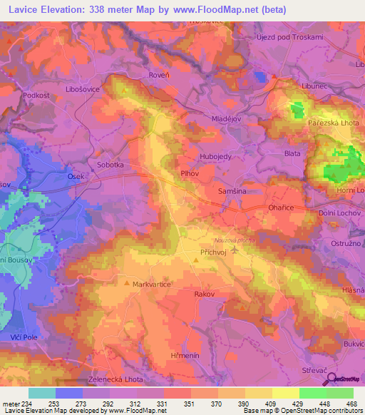 Lavice,Czech Republic Elevation Map