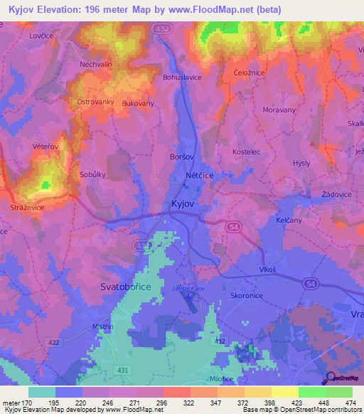 Kyjov,Czech Republic Elevation Map
