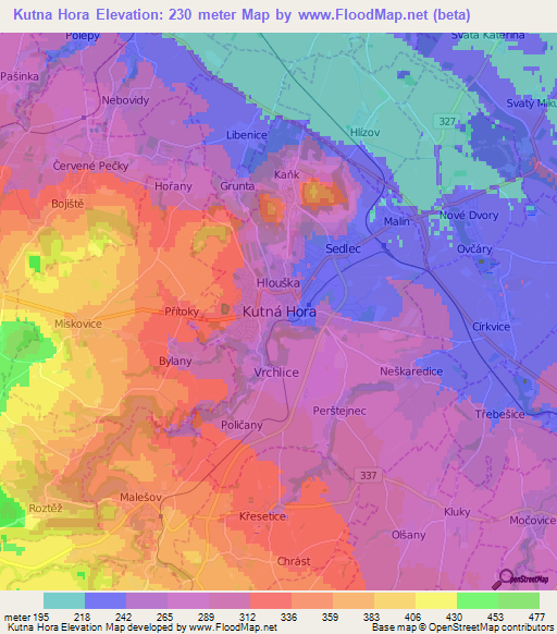 Kutna Hora,Czech Republic Elevation Map