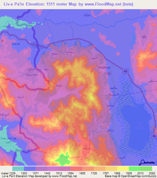 Liv-e Pa'in,Iran Elevation Map