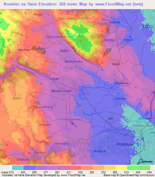 Kostelec na Hane,Czech Republic Elevation Map