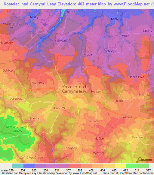 Kostelec nad Cernymi Lesy,Czech Republic Elevation Map