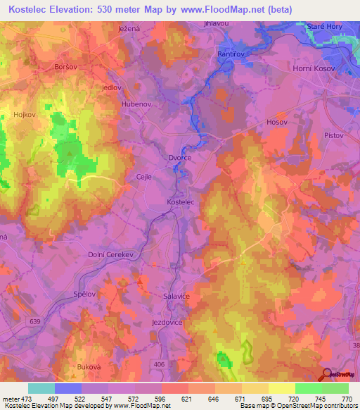 Kostelec,Czech Republic Elevation Map