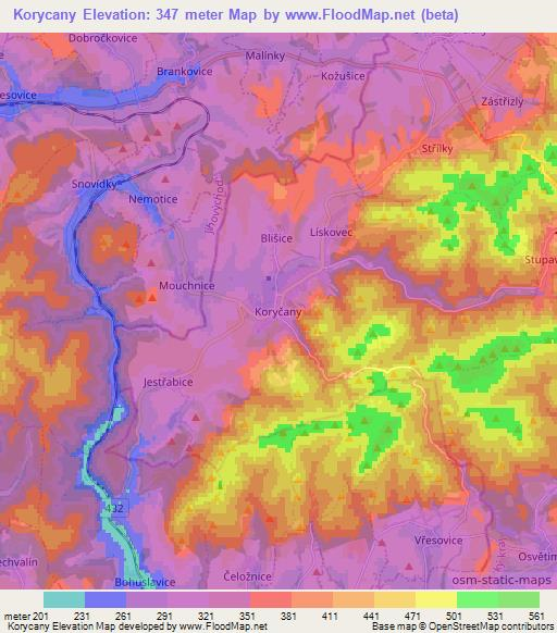 Korycany,Czech Republic Elevation Map