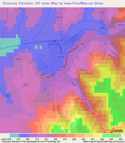 Korycany,Czech Republic Elevation Map