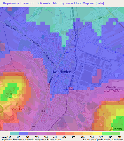 Koprivnice,Czech Republic Elevation Map