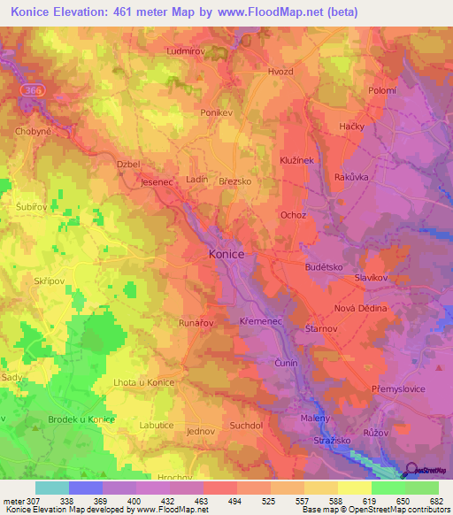 Konice,Czech Republic Elevation Map