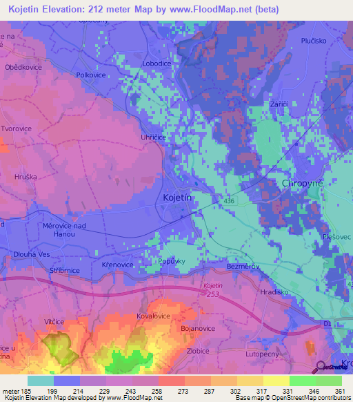 Kojetin,Czech Republic Elevation Map