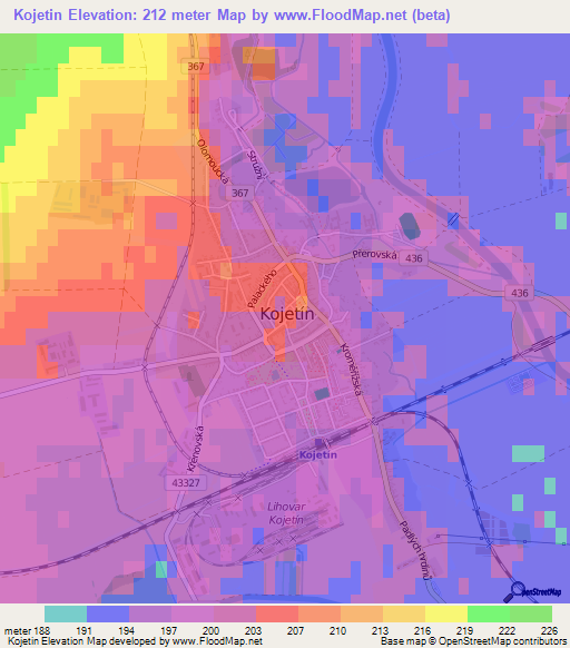 Kojetin,Czech Republic Elevation Map