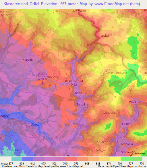 Klasterec nad Orlici,Czech Republic Elevation Map
