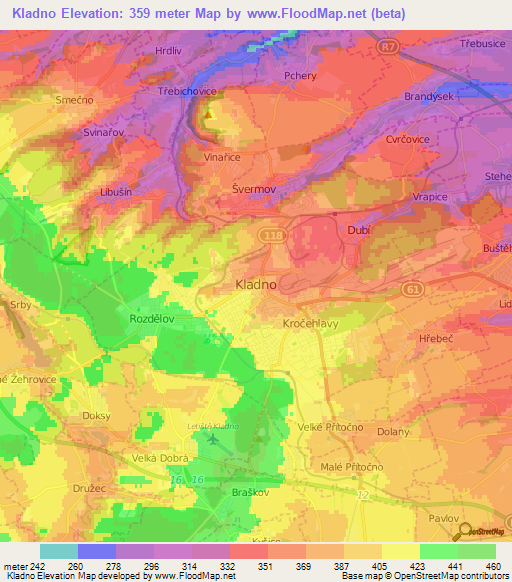 Kladno,Czech Republic Elevation Map
