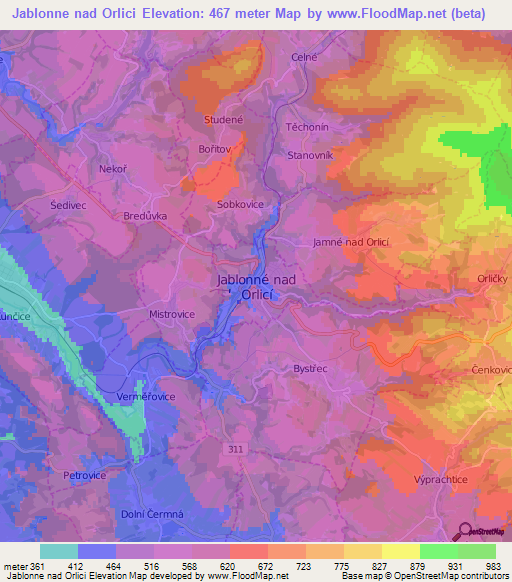 Jablonne nad Orlici,Czech Republic Elevation Map