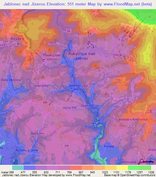 Jablonec nad Jizerou,Czech Republic Elevation Map