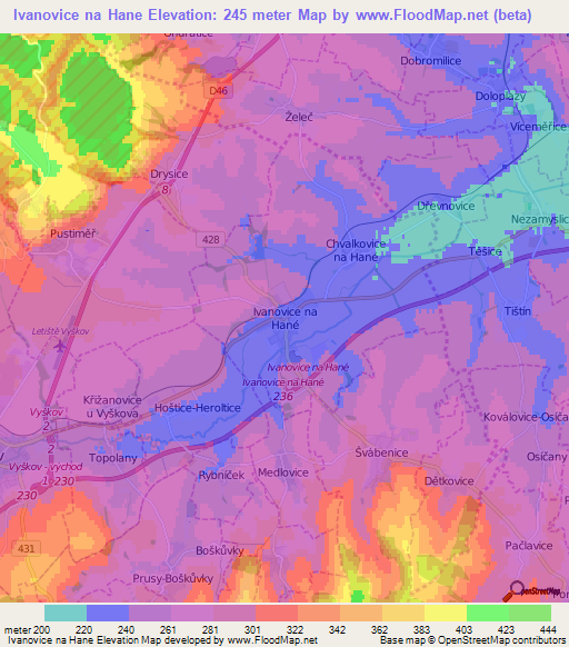 Ivanovice na Hane,Czech Republic Elevation Map